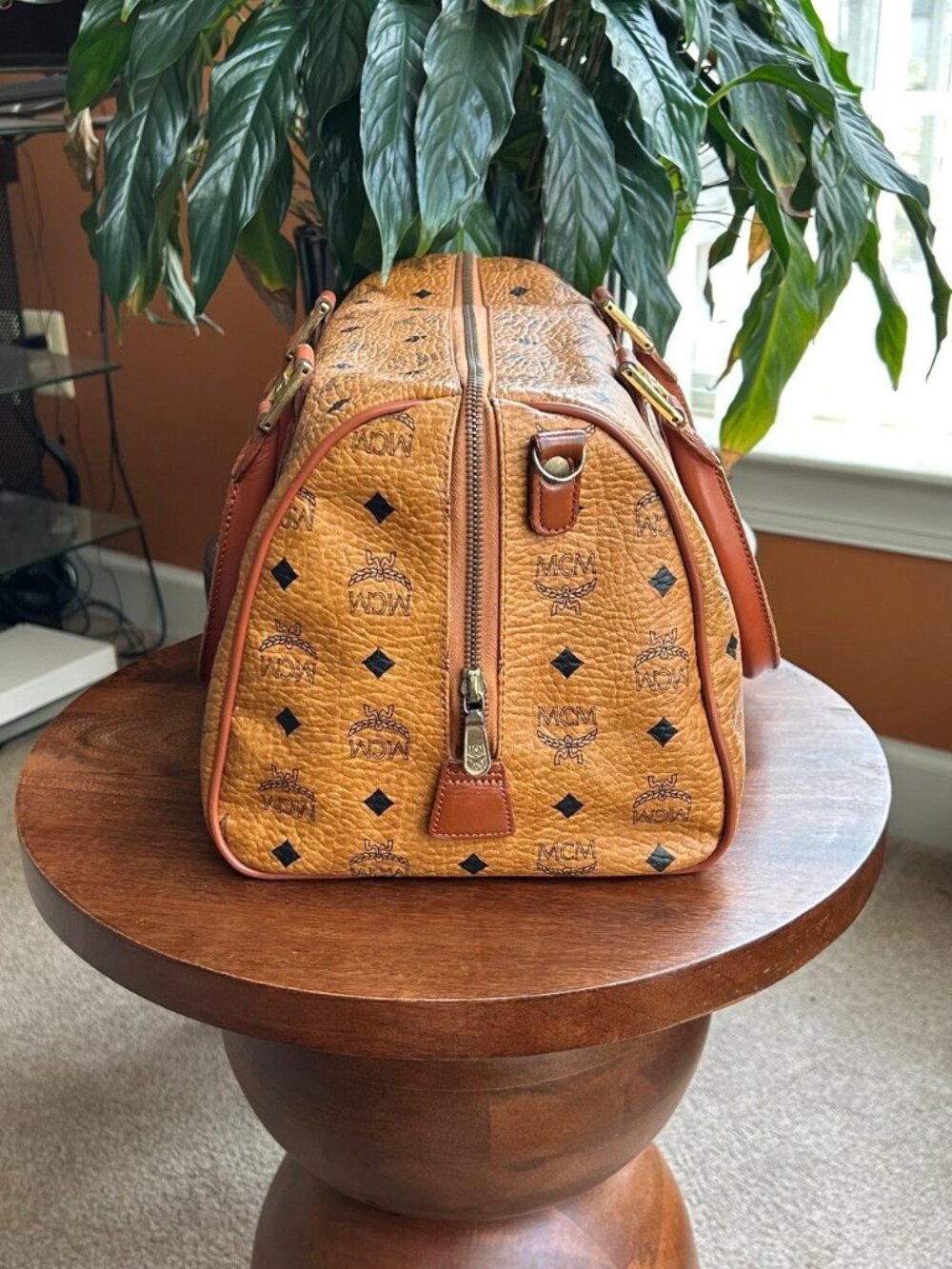 MCM Monogram Visetos Boston Bag, Cognac Tan 👜 - Picture 5 of 13